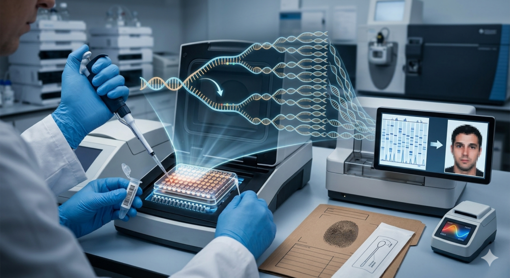 Biomédico manuseando pipetas e amostras de material genético para exame PCR de DNA em laboratório moderno.