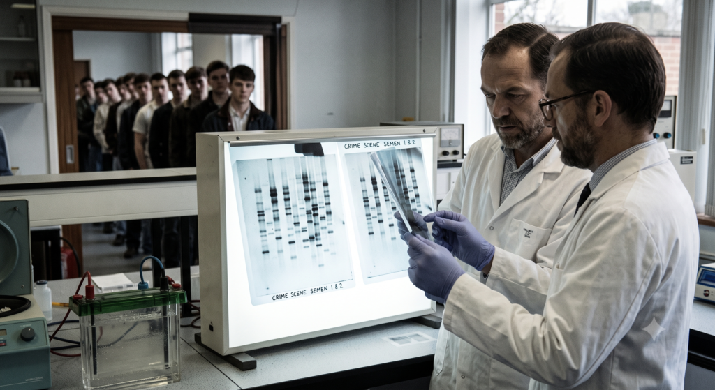 Peritos forenses examinando manualmente os resultados de DNA fingerprint.