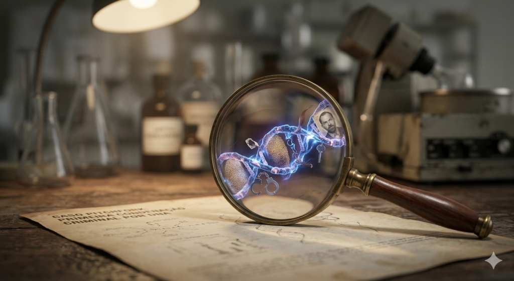 Lupa clássica dos anos 80 com imagem holográfica de DNA em sua lente.