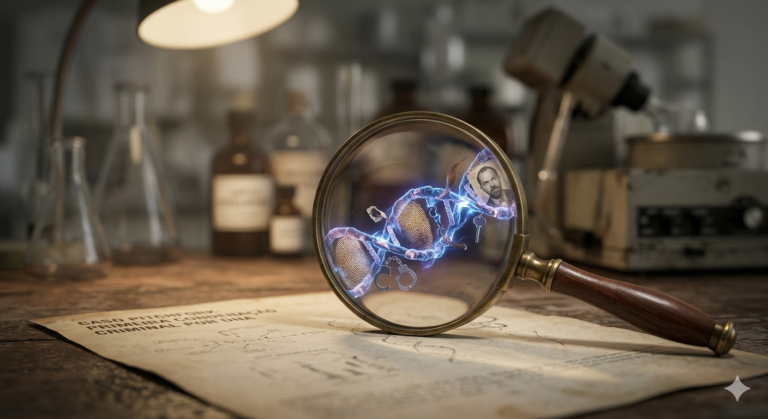 Lupa clássica dos anos 80 com imagem holográfica de DNA em sua lente.