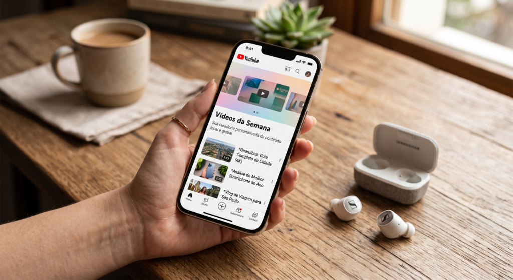 Mão segurando celular com a playlist de vídeos do YouTube aberta ao lado de fones de ouvido.