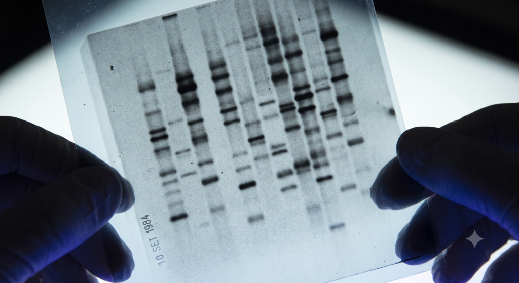Filme de raio-X analógico mostrando o primeiro padrão de bandas de DNA da história.
