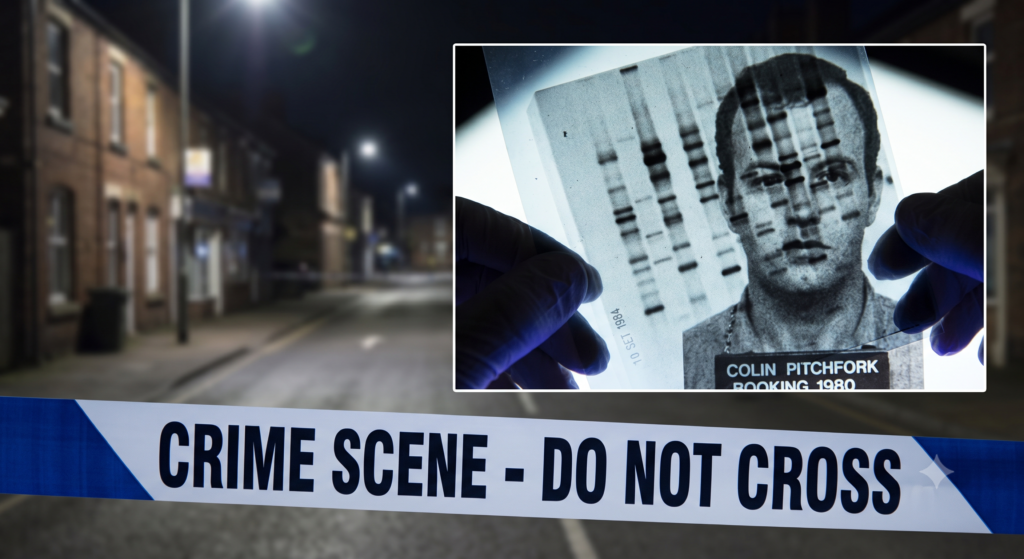 Filme com padrão de bandas de DNA sobreposto à foto de arquivo policial de Colin Pitchfork.