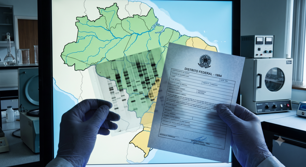 Mãos com luvas segurando laudo pericial do Distrito Federal e um filme de exame de DNA sobre o mapa do Brasil.