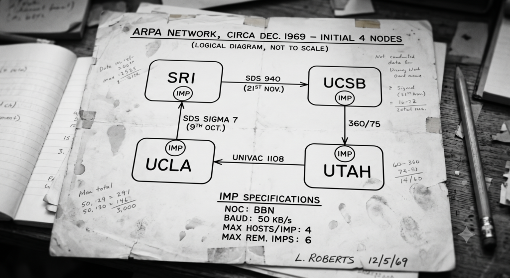 Mapa técnico antigo em preto e branco ilustrando os quatro primeiros computadores conectados da ARPANET em 1969.