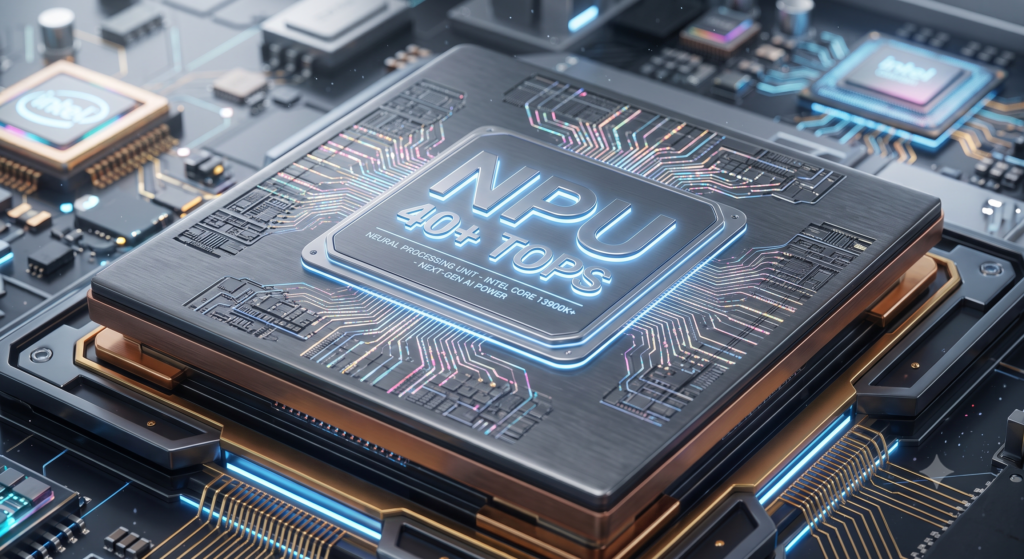 Modelo em três dimensões de um chip de processador moderno destacando a arquitetura NPU com potência de 40 TOPS.