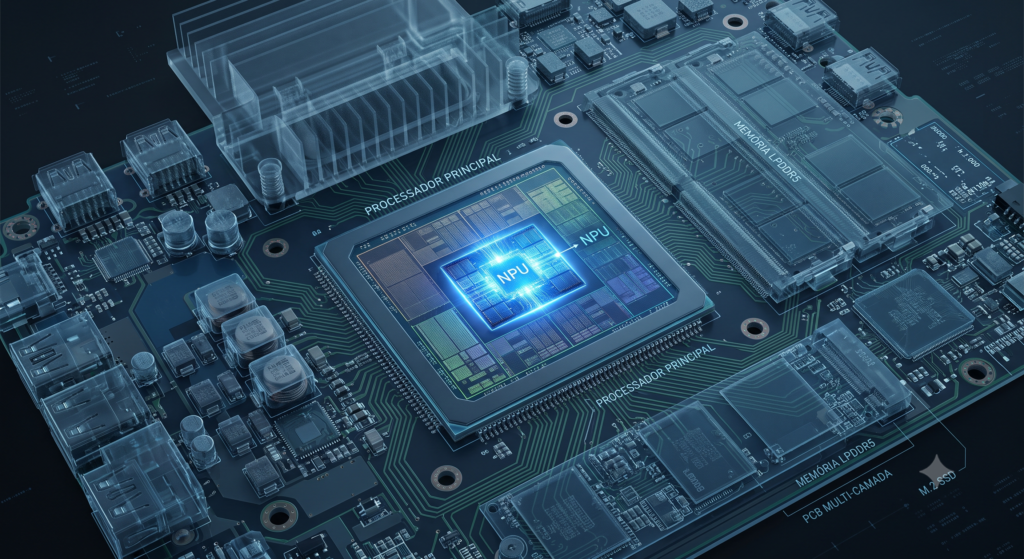 Placa-mãe de notebook com destaque iluminado na área do chip NPU para processamento local de inteligência artificial.