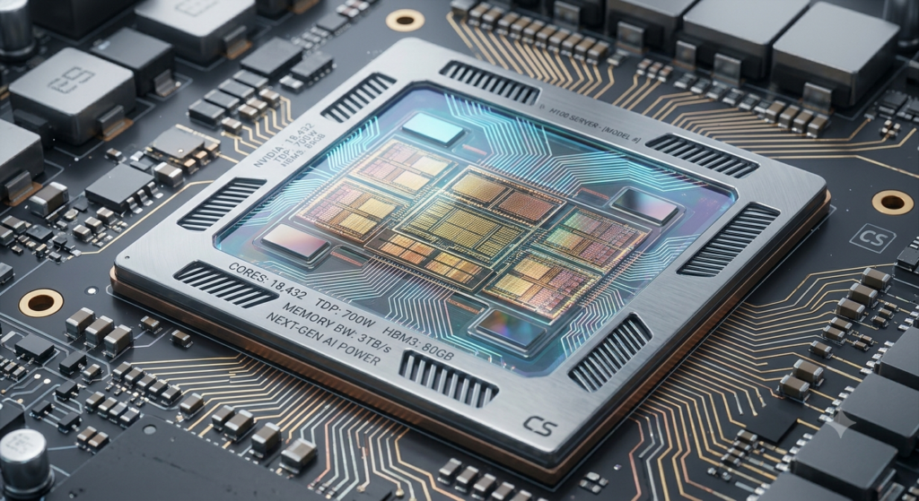 Detalhe de um chip de processamento gráfico de alta performance para inteligência artificial.