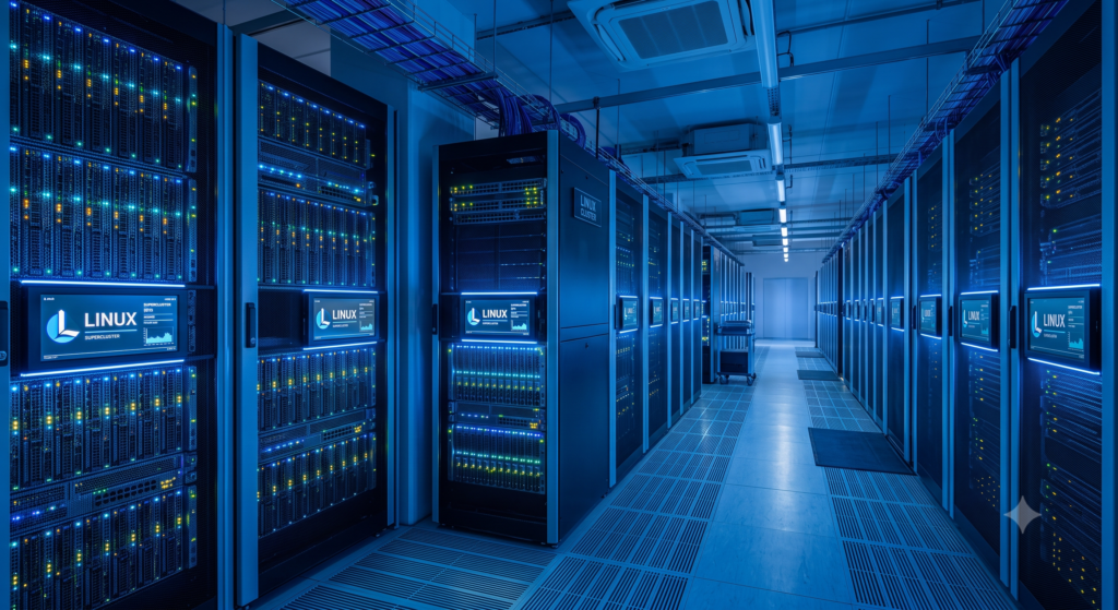 Corredor de um data center moderno com racks de servidores iluminados, representando um supercomputador rodando Linux.