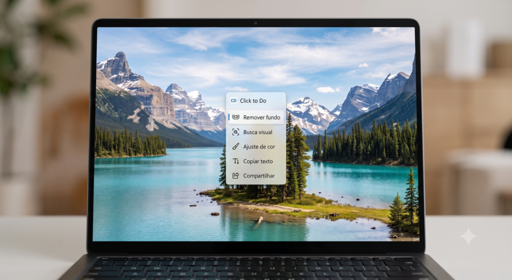 Menu interativo do recurso Click to Do sobreposto a uma imagem na tela do Windows 11, exibindo ações de IA.