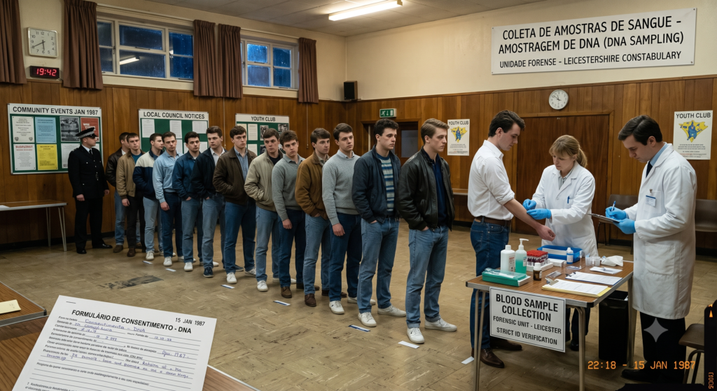 Fila de homens para recolher amostras de sangue para screening em massa de DNA.