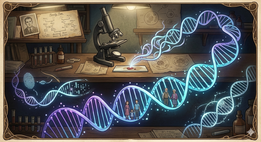 Microscópio em cima de bancada de madeira com holografia de DNA saindo da amostra de sangue.