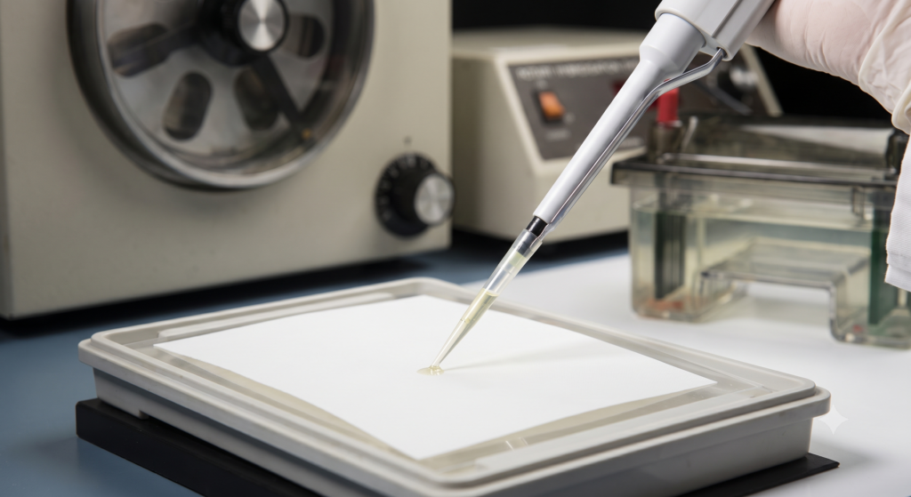 Micropipeta de precisão manuseando uma membrana de Southern blot durante o exame de DNA por RFLP.