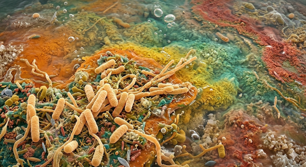A bactéria Thermus Aquaticus, ilustrada dentro de uma fonte hidrotermal de alta temperatura.
