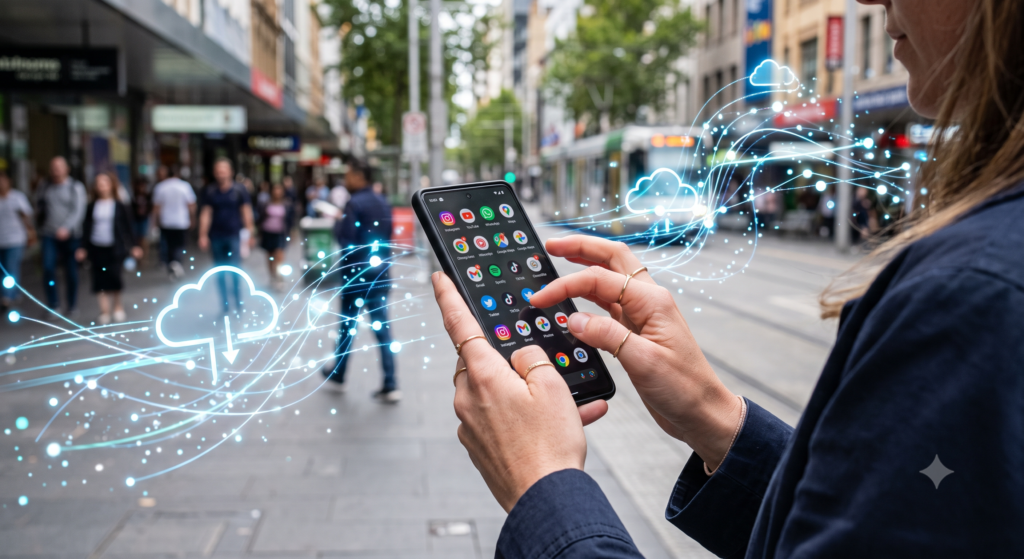 Mulher segurando um smartphone moderno na rua, ilustrando o domínio do tráfego de dados por dispositivos móveis.