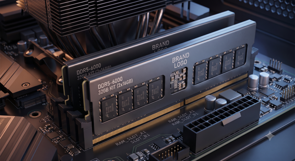 Pentes de memória RAM instalados em uma placa-mãe de computador, ilustrando a exigência de hardware para rodar IA.