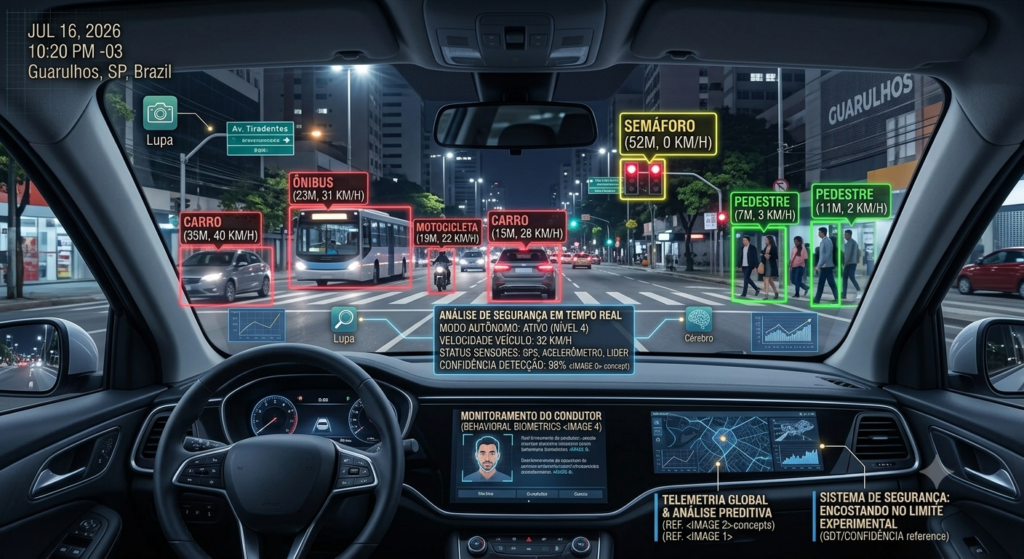 Tela de sistema de visão computacional em carro autônomo mapeando pedestres e veículos em tempo real.
