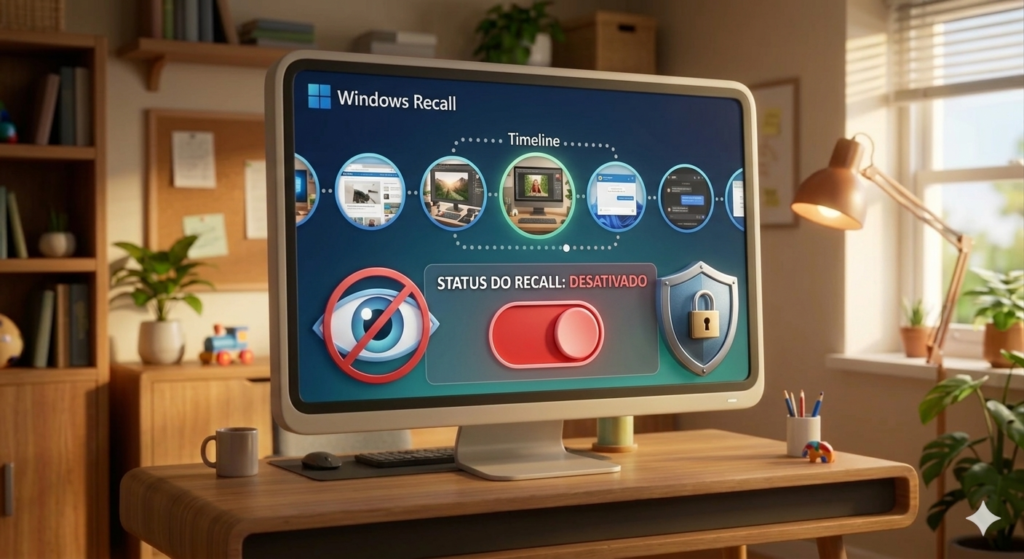 Ilustração 3D mostrando a desativação do recurso Windows Recall por privacidade.