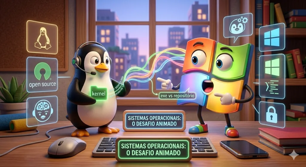 Pinguim mascote do Linux interagindo com janela animada simbolizando o Windows.