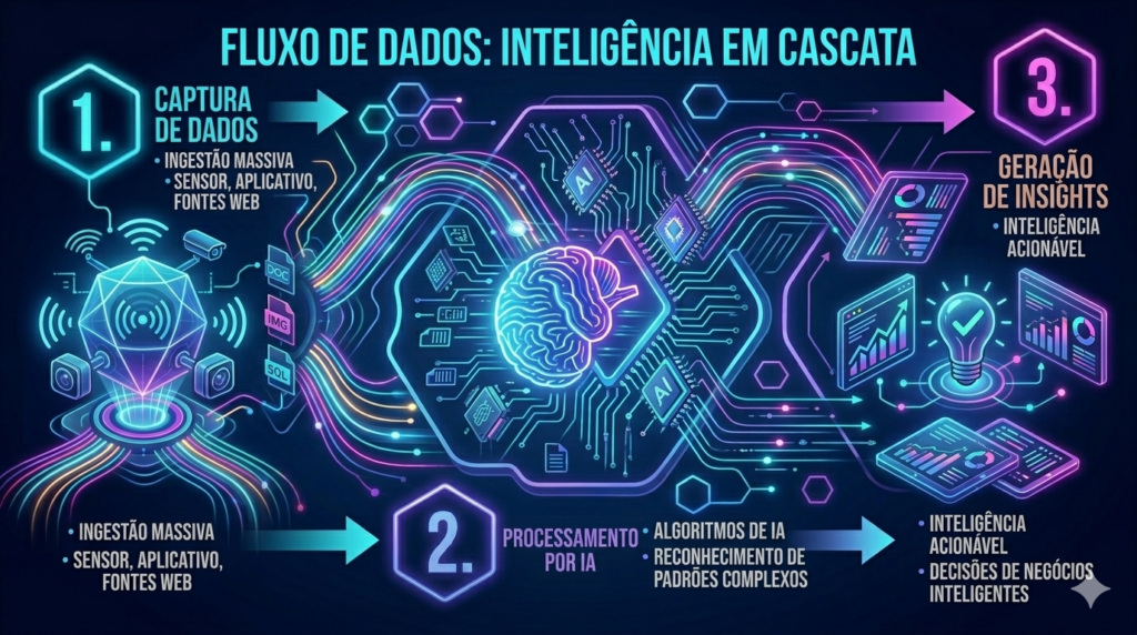Fluxo de dados sendo coletados e processados por inteligência artificial para gerar relatórios.