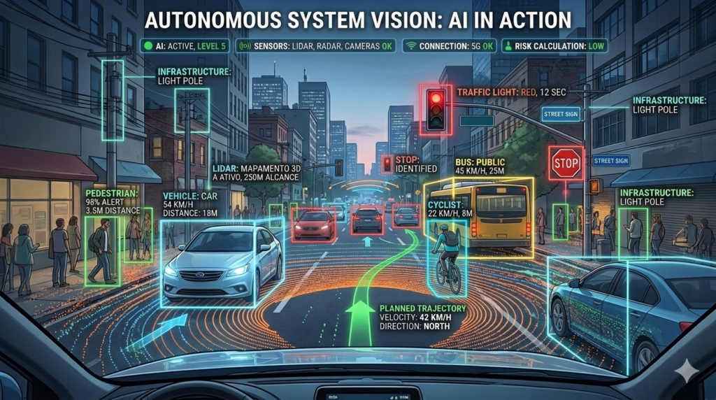 Computer vision system processing the real-world environment inside an Agentic AI autonomous vehicle.