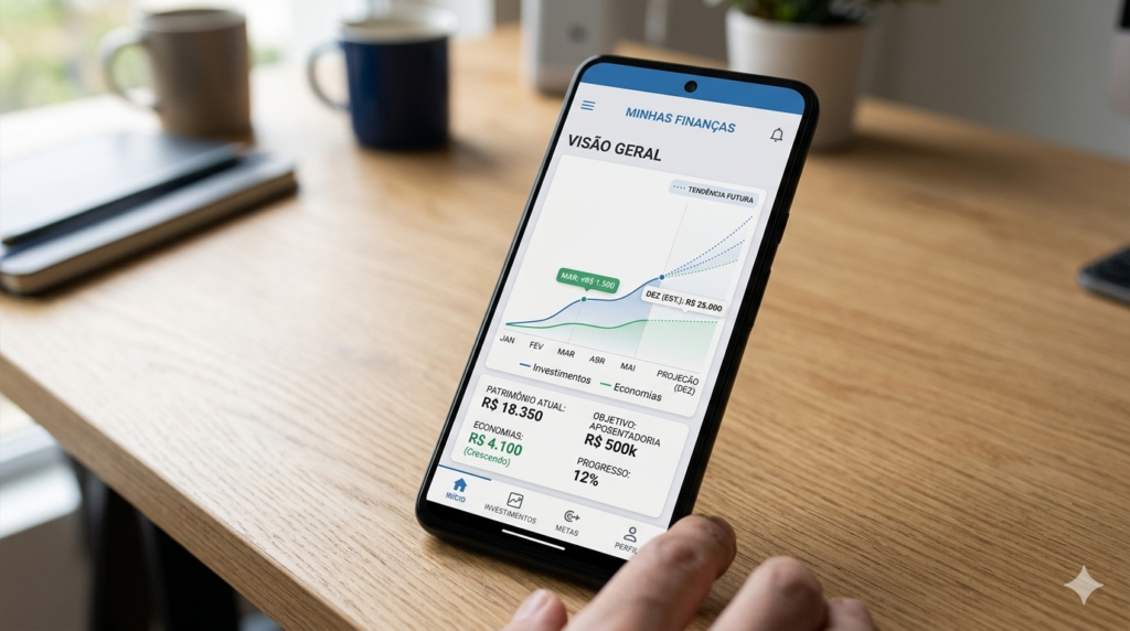Smartphone exibindo tela de análise financeira com gráficos de desempenho e projeções.