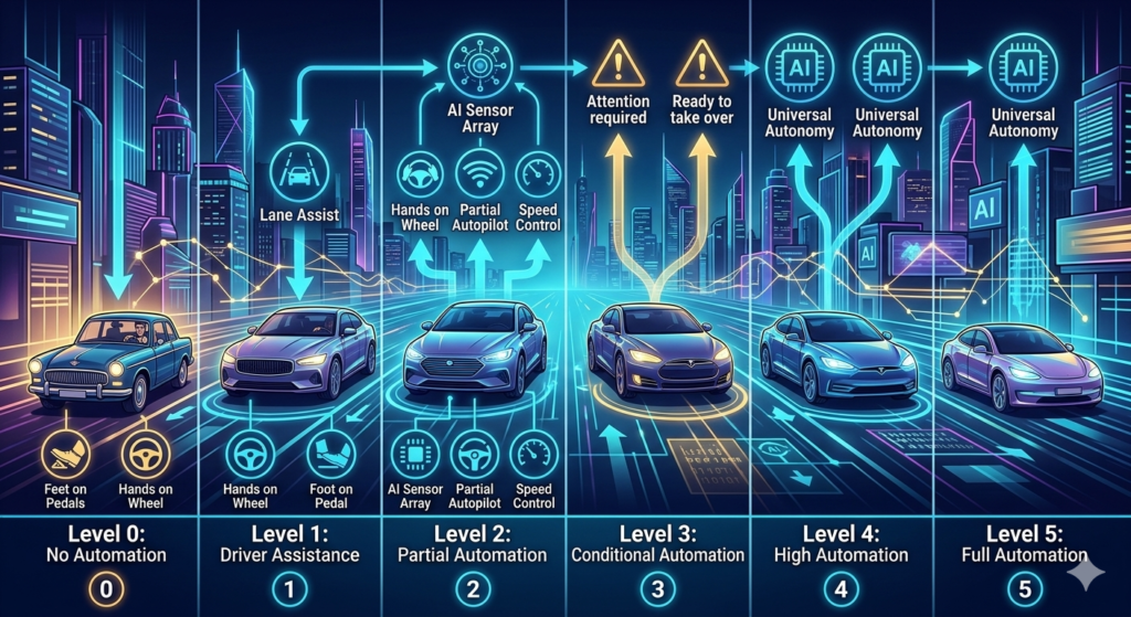 The SAE levels of driving automation from 0 to 5 - from fully manual driving to completely autonomous vehicles