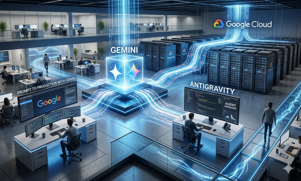 Fluxo de integração entre Google AI Studio, Gemini, Antigravity e Google Cloud.