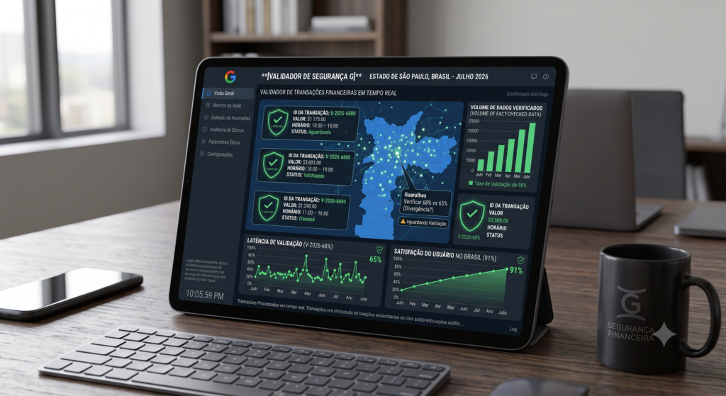 Tablet sobre uma mesa exibindo gráficos de análise financeira em tempo real com indicadores de segurança.