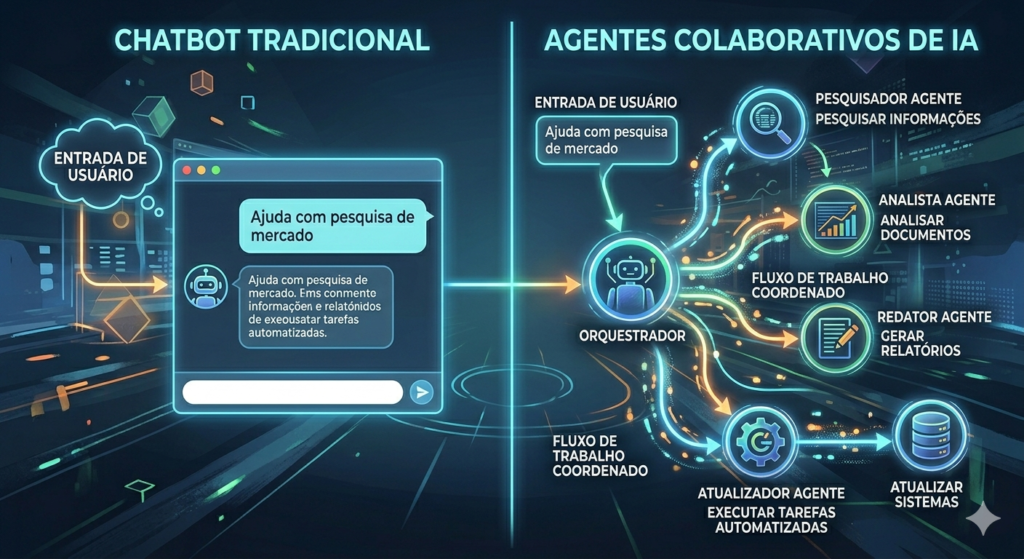 Diferença entre chatbot tradicional e agentes autônomos de inteligência artificial.