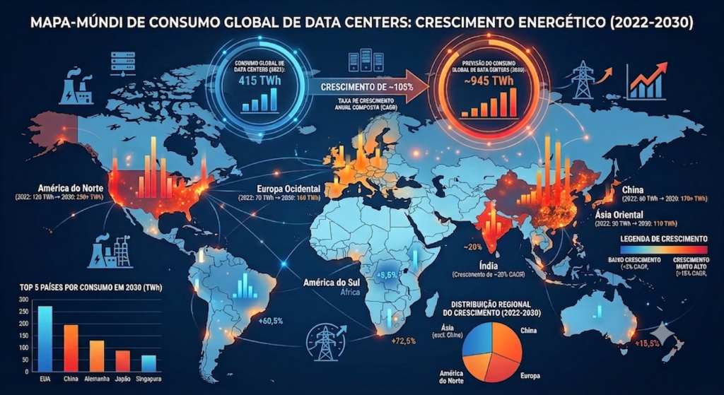 Mapa mundi com infográfico de consumo energético global dos data centers de IA.