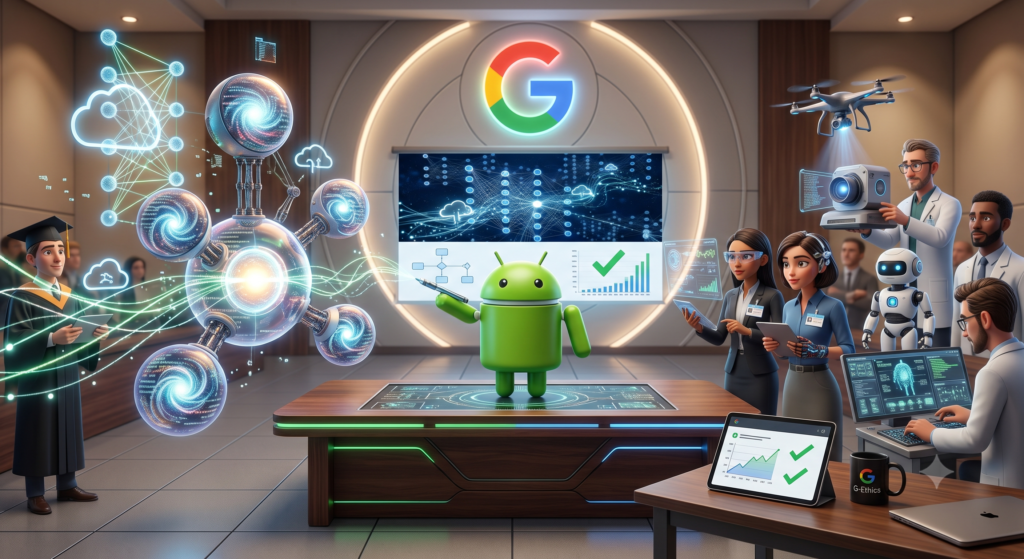 Robozinho símbolo do Android mostra o Google Antigravity para especialistas da área.