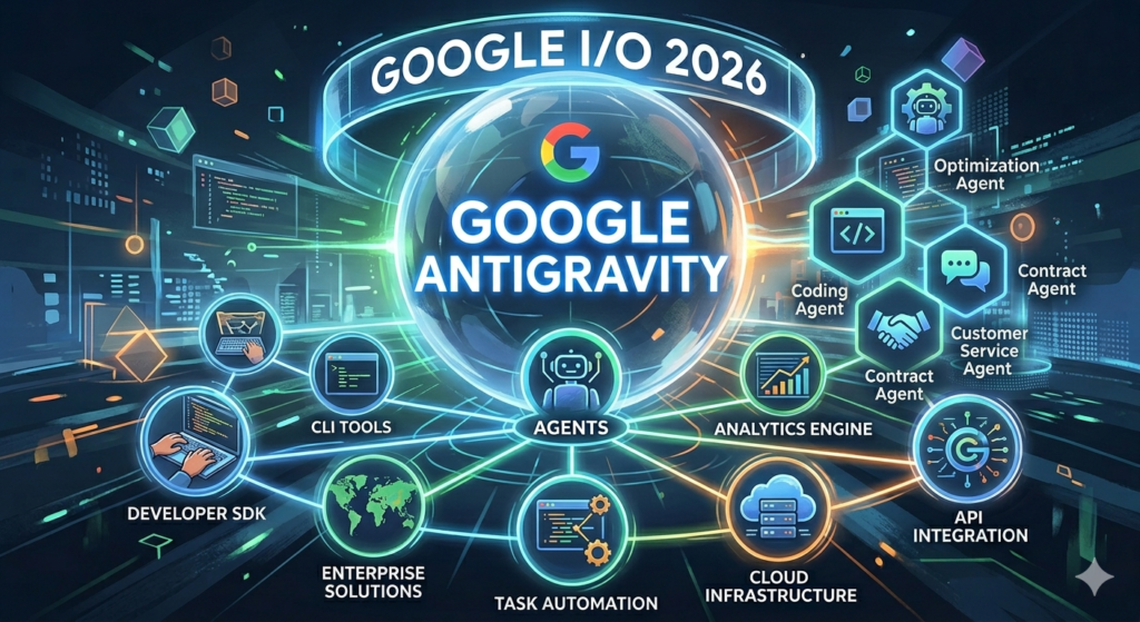 Ecossistema Google Antigravity integrando agentes de inteligência artificial baseados em Gemini.