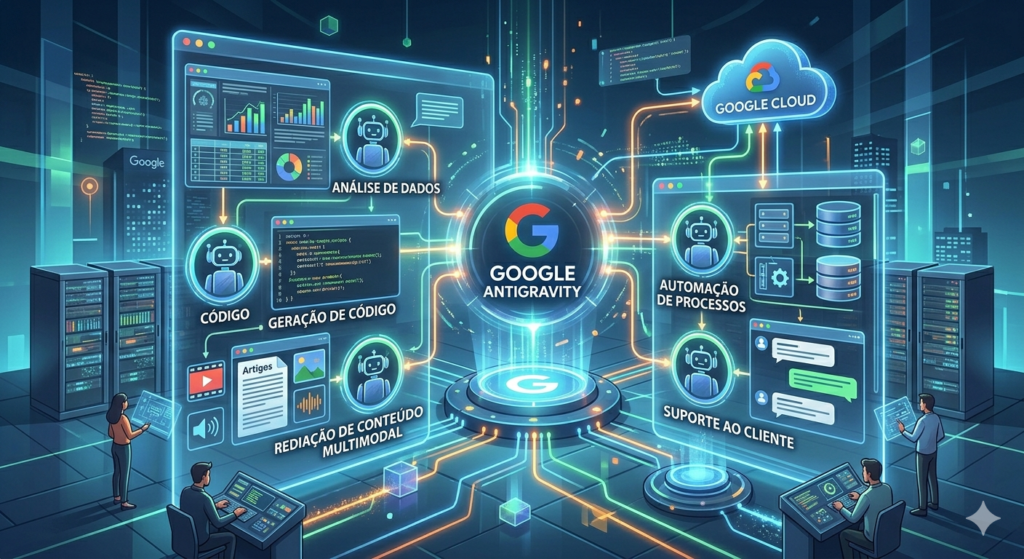 Interface do Google Antigravity com múltiplos agentes de IA em operação.