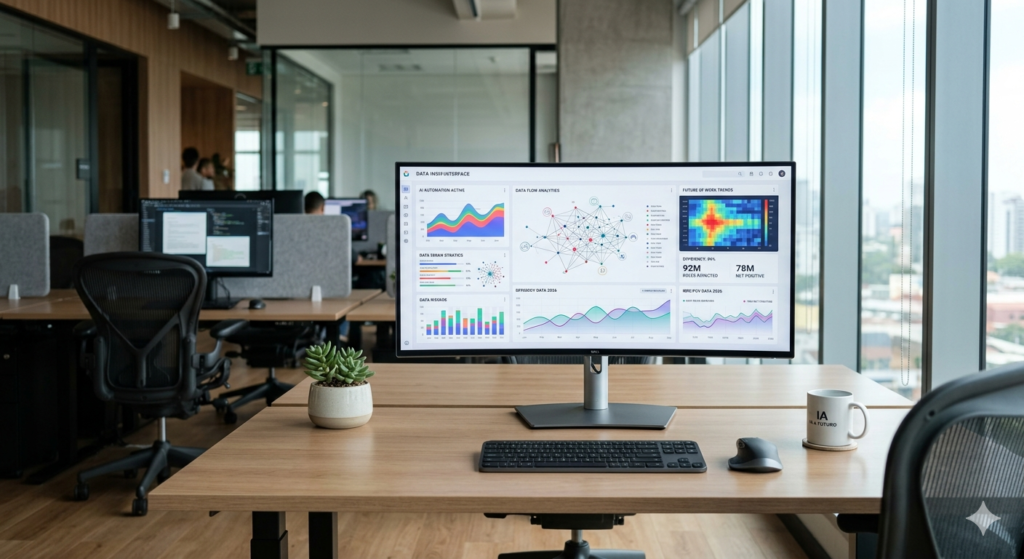 Monitor com gráficos demonstrando percentual de pessoas empregadas e desempragadas por conta da IA