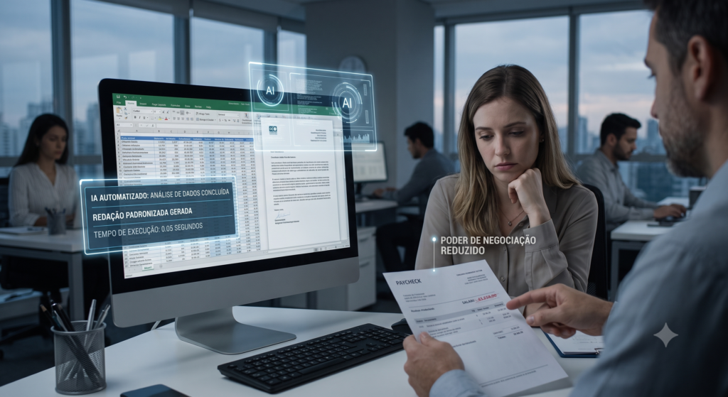 Profissional analisando contracheque ao lado de monitor com processos automatizados por IA.