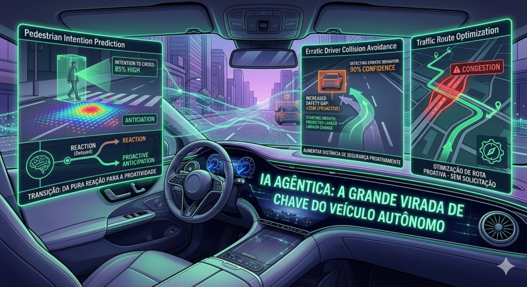 Interior de carro autônomo mostrando a funcionalidade da inteligência artificial preditiva.