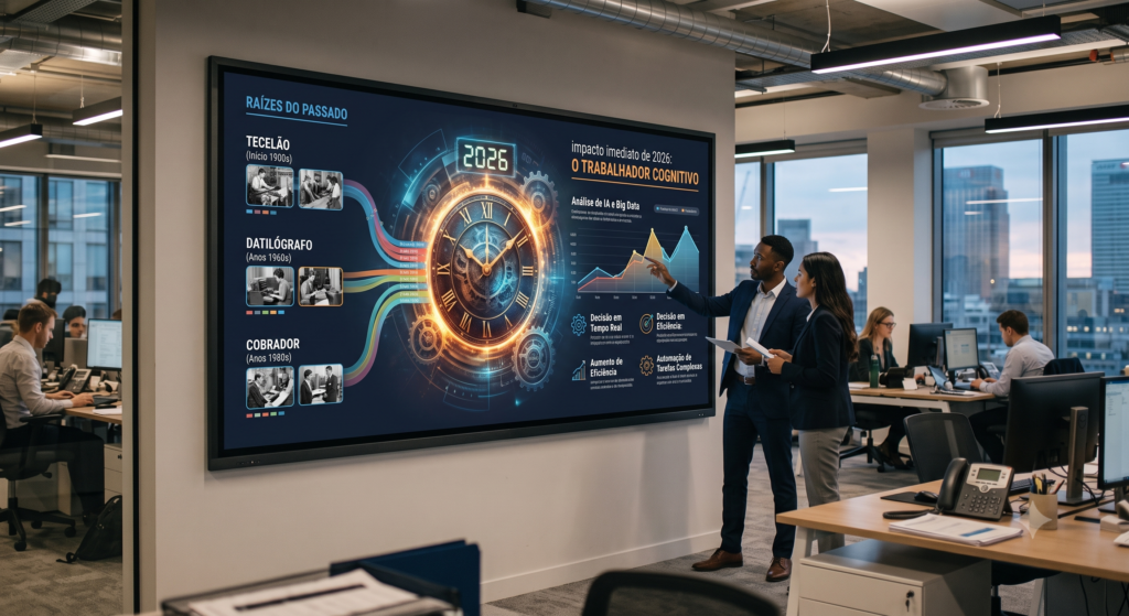 Profissionais analisando tela com gráfico de evolução histórica do emprego, engrenagens e um relógio digital indicando o ano de 2026.