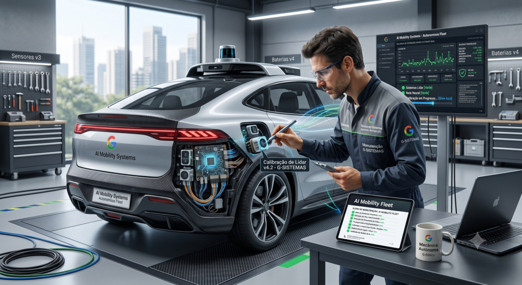 Carro autônomo em oficina para reparos e manutenção preventiva efetuada por humanos.