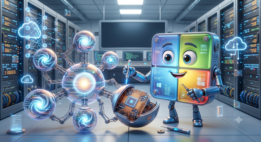 Símbolo do Windows animado consertando com ferramentas robô de IA Microsoft Copilot.