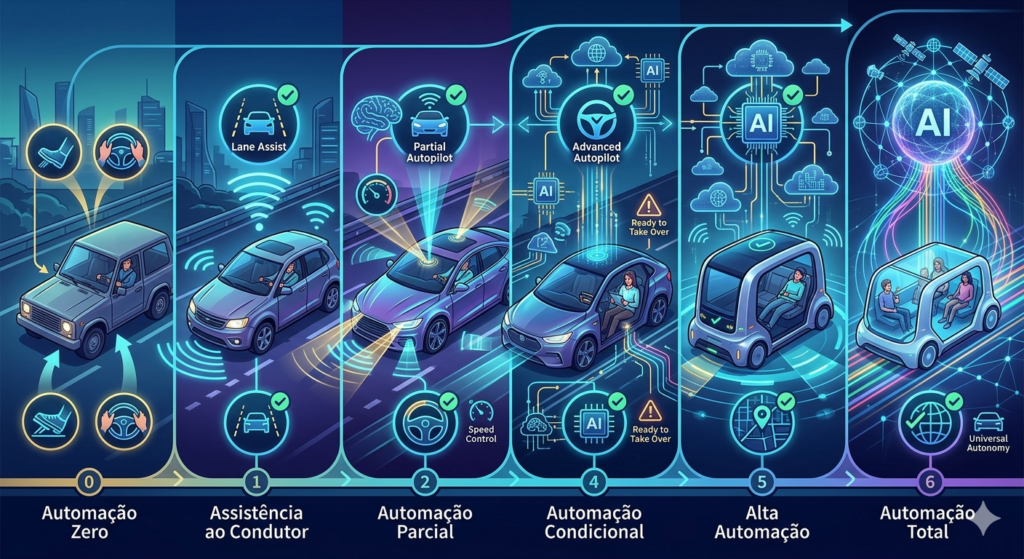 Infográfico mostrando os seis níveis de automação veicular, de 0 a 5, conforme a SAE.
