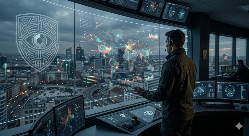 Homem operando sistema de vigilância Palantir Gotham.