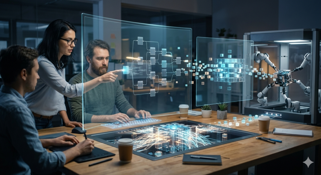 Pessoas em ambiente corporativo privado tocando telas holográficas simbolizando a inteligência artificial da Palantir.