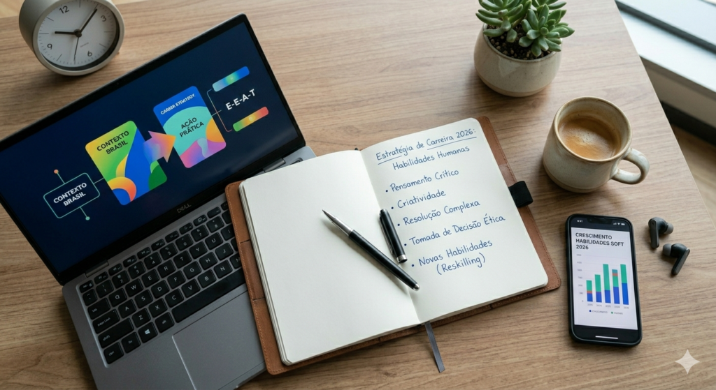 Desk com ferramentas digitais e caderno de anotações simbolizando planejamento profissioanl e reskilling para a era da IA.