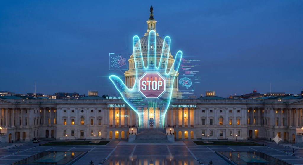 Fachada do capitólio americano com mão holográfica com a placa "STOP" simbolizando limites para ação da IA.