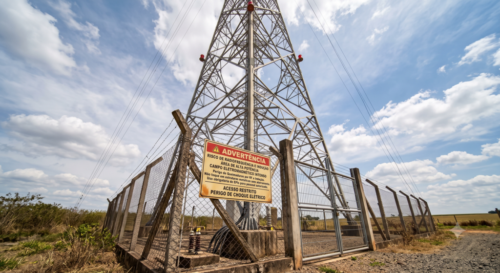 Torre de antena transmissora de rádio AM de alta potência com sinal de aviso de radiofrequência.