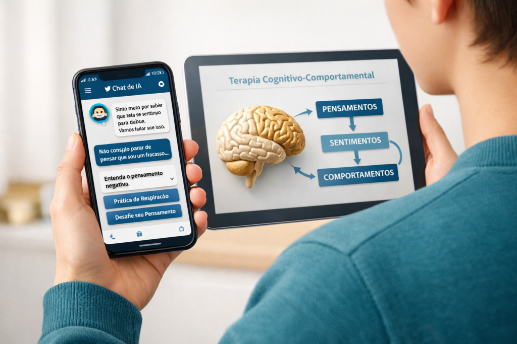 Pessoa com smartphone com chatbot terapêutico e com tablet mostrando conceitos de Terapia Cognitivo-Comportamental, demonstrando IA aplicada à psicologia.