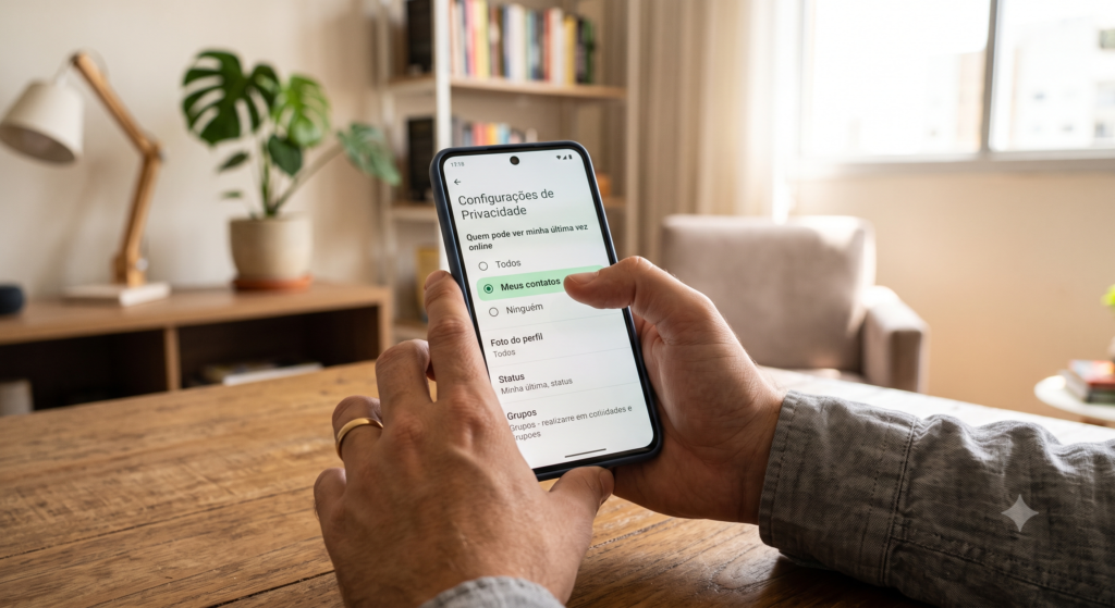 Mão configurando a privacidade da foto de perfil do WhatsApp para apenas contatos salvos.