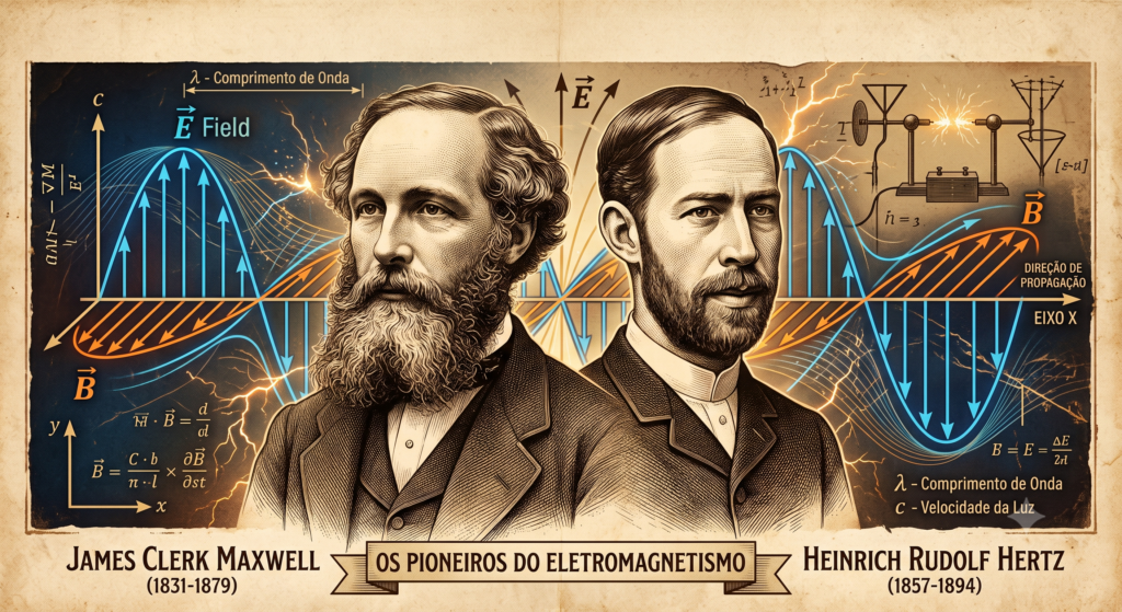 Ilustração de James Clerk Maxwell e Heinrich Hertz junto de gráfico de ondas eletromagnéticas.