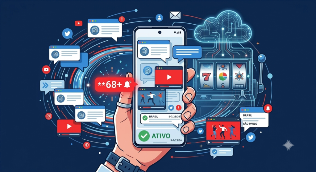 Smartphone com scroll infinito e notificações simbolizando o design persuasivo e o ciclo de dopamina das redes sociais